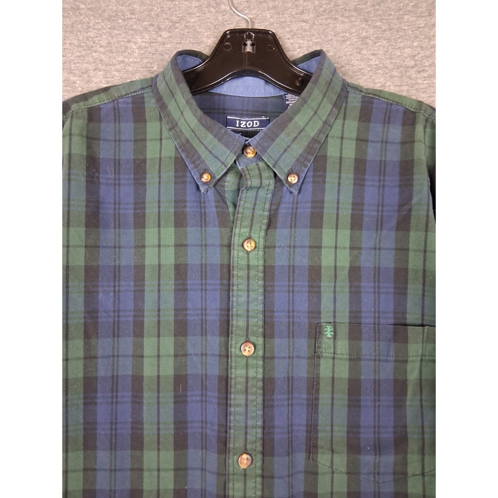 Izod Mens Shirt Large Blue‎ Green Tartan Plaid Button Down Preppy Classic Dress